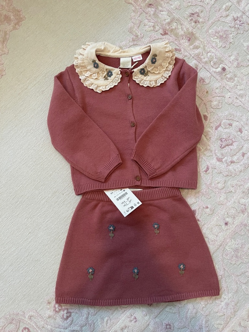 Zara Dusty Rose Knit Cardigan & Lace-Collar Set